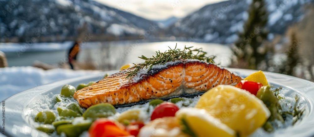 Grilled salmon fillet with lemon and herbs served outdoors in winter mountain scenery.