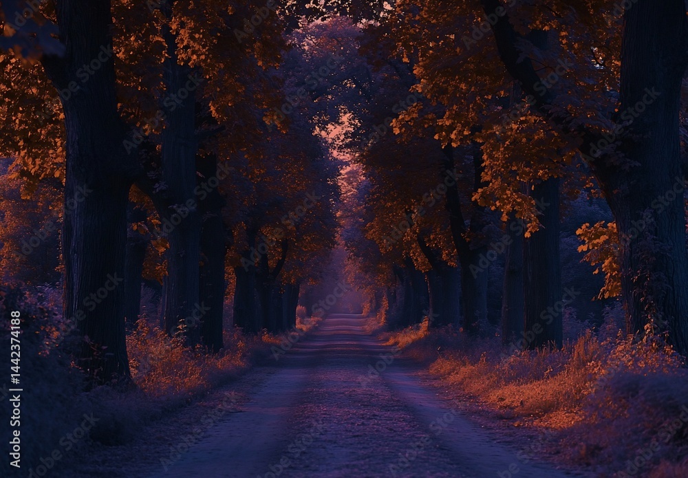 Serene autumnal lane with sunlit trees.