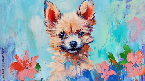 Obraz na płótnie Adorable puppy portrait in vibrant floral setting, painted with thick brushstrokes. w salonie