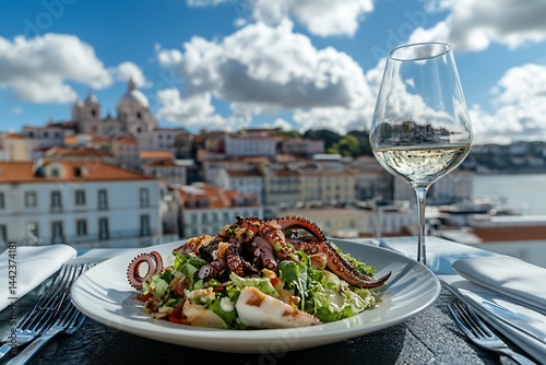 Obraz na płótnie Grilled octopus salad with white wine, overlooking a picturesque cityscape. w salonie
