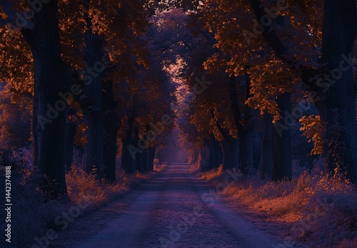 Obraz na płótnie Serene autumnal lane with sunlit trees. w salonie