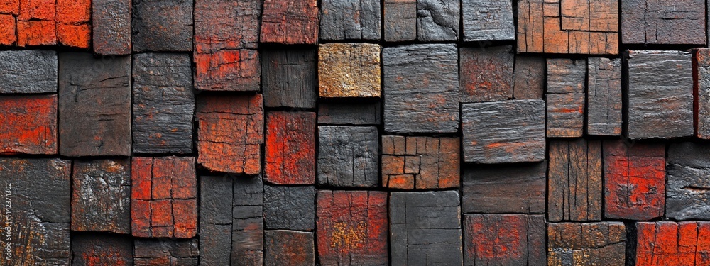 Abstract dark and red wood block wall texture.