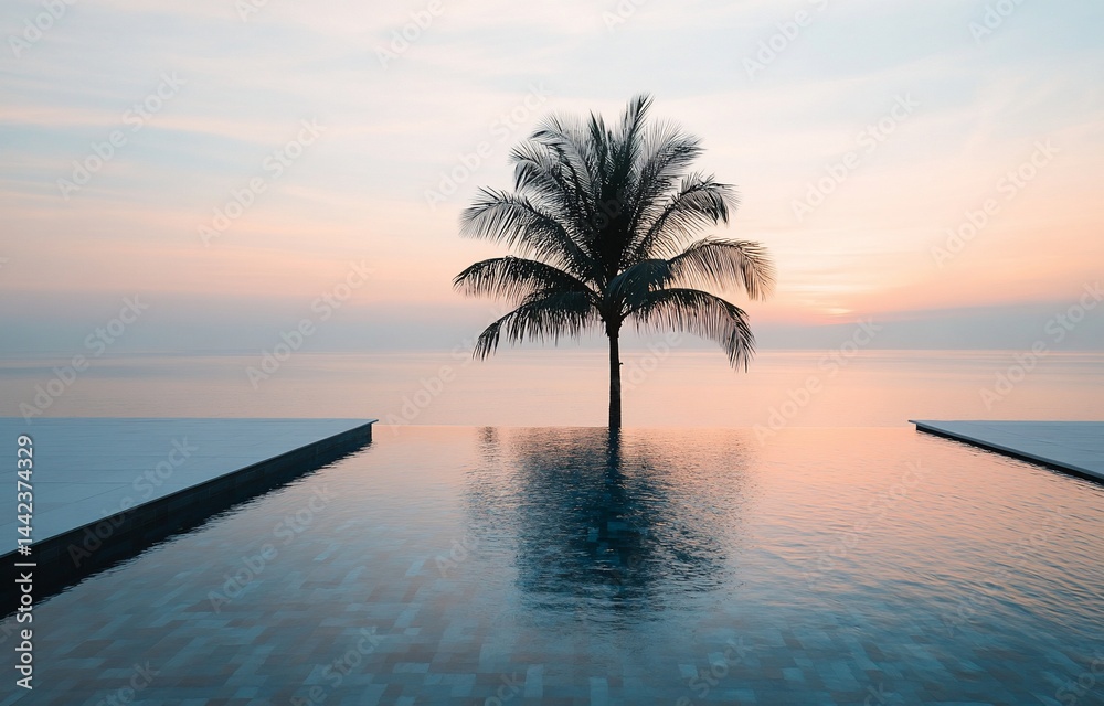 Serene sunset view of a single palm tree reflected in a tranquil infinity pool.