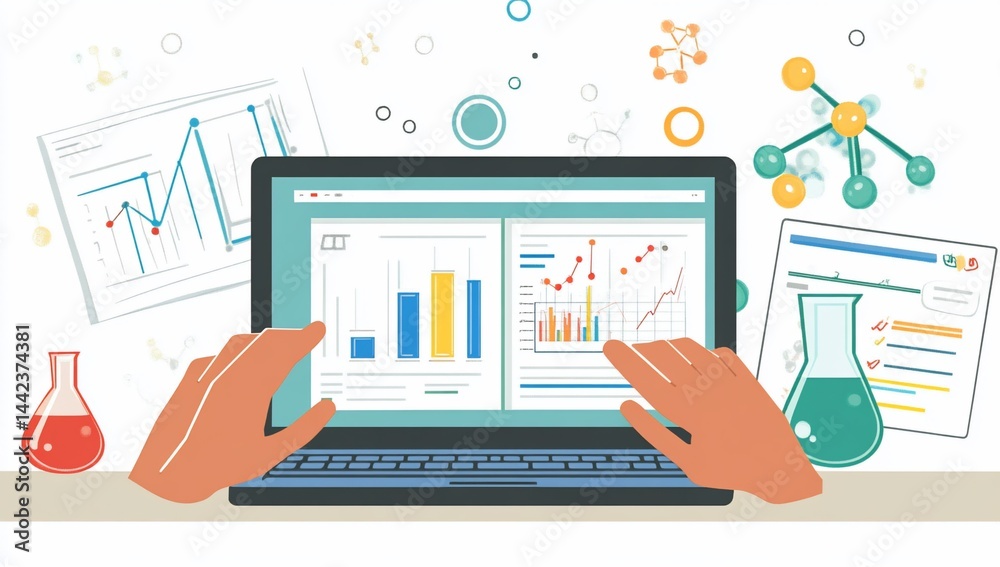 Hands analyzing data charts on laptop screen with science icons.