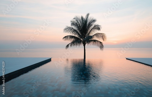 Obraz na płótnie Serene sunset view of a single palm tree reflected in a tranquil infinity pool. w salonie