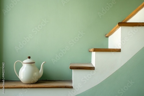 White teapot on wooden ledge near curved staircase against a mint green wall.