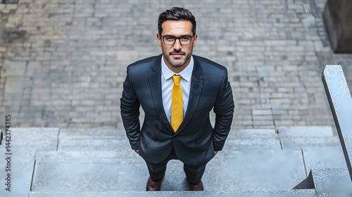 High Angle View Businessman Suit Stairs Steps