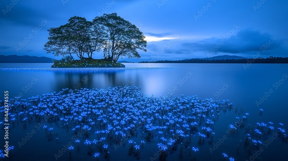Serene twilight landscape two trees on a small island surrounded by bioluminescent blue flowers in calm lake water under a twilight sky.