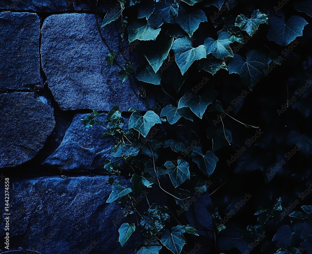 Dark green ivy growing on a dark blue stone wall.