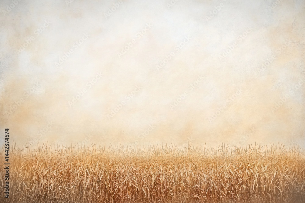 Golden wheat field under a hazy sky, creating a serene and peaceful landscape.
