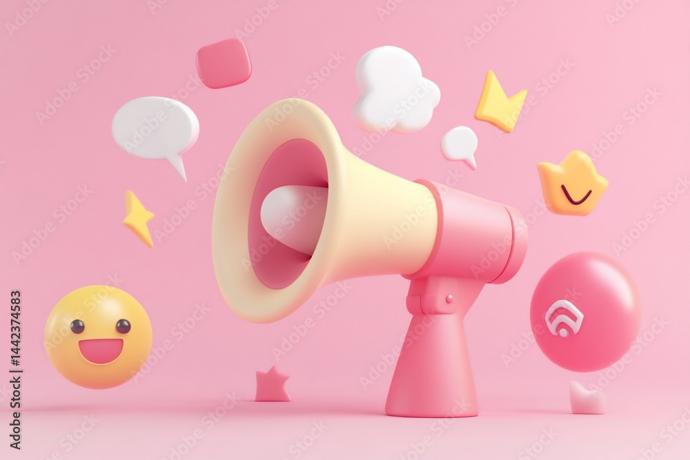 Pink megaphone with cartoon speech bubbles and emojis on pink background.