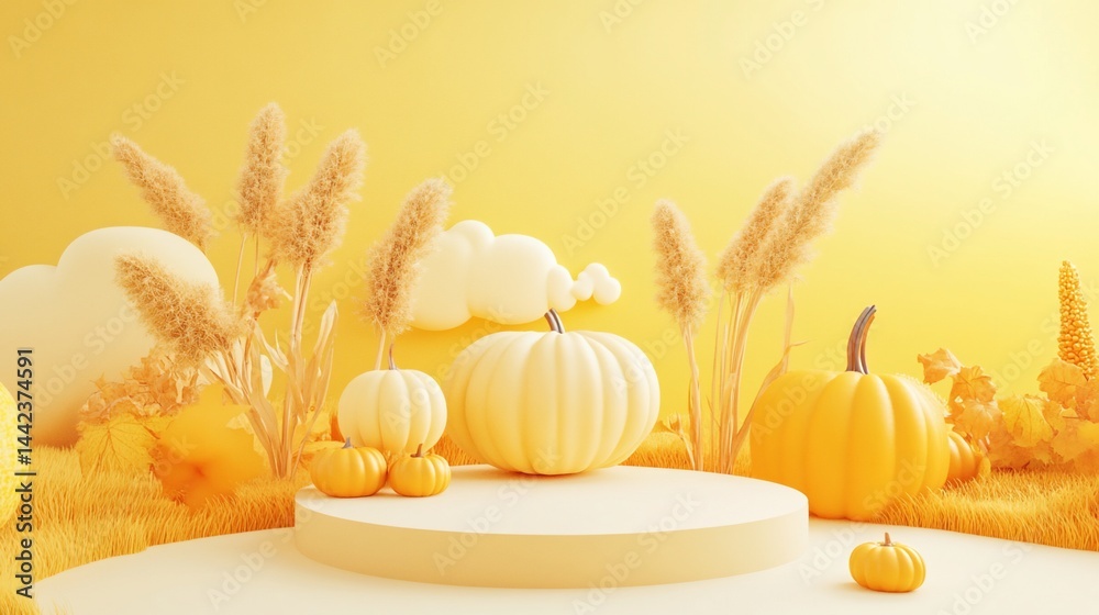 Autumnal scene with pumpkins, pampas grass, and a round platform against a yellow background.