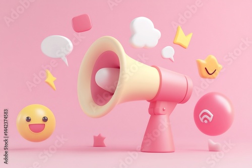Obraz na płótnie Pink megaphone with cartoon speech bubbles and emojis on pink background. w salonie