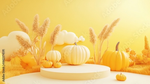 Obraz na płótnie Autumnal scene with pumpkins, pampas grass, and a round platform against a yellow background. w salonie