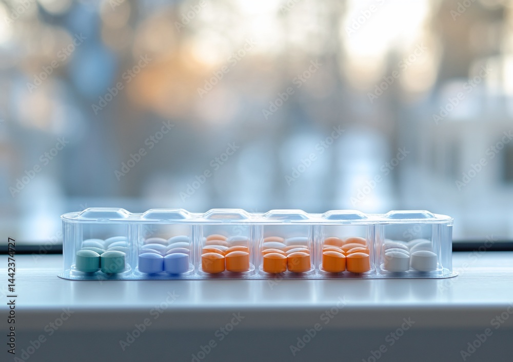 Weekly pill organizer with colorful pills sits on a windowsill.