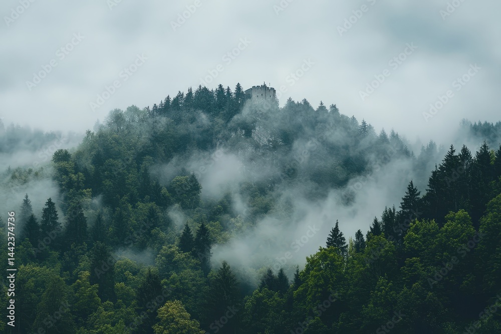 Fototapeta premium Hohenzollern Castle on Misty Mountain at Sunrise with Forest Surroundings