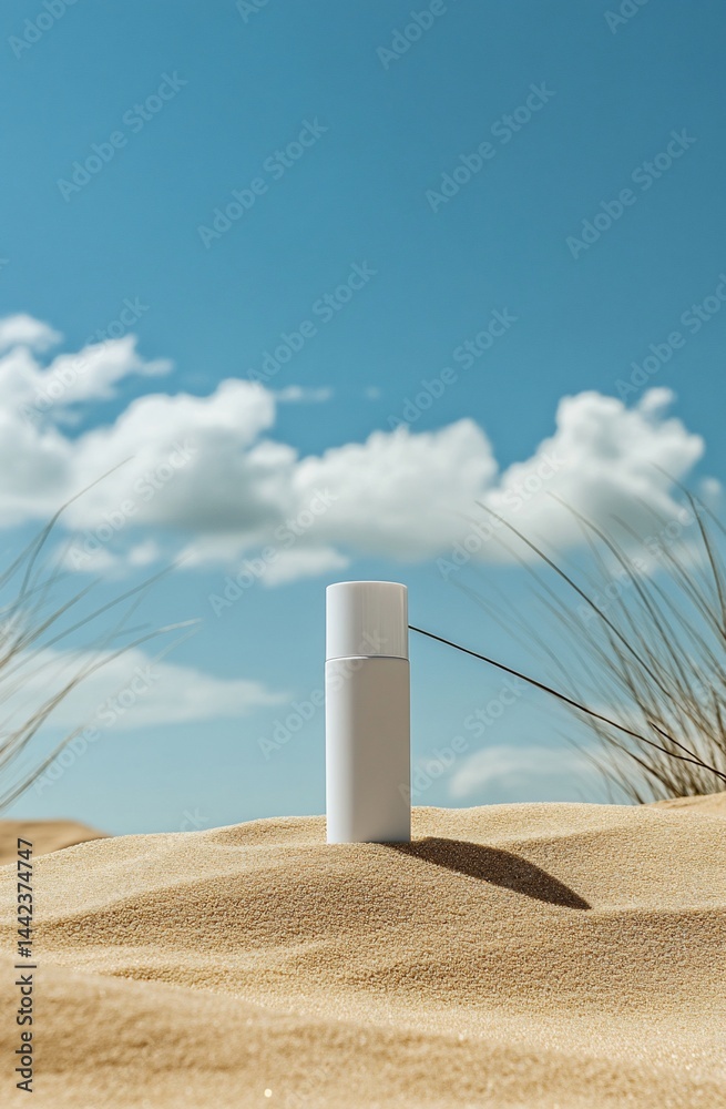 White sunscreen bottle on sandy beach under blue sky with clouds.