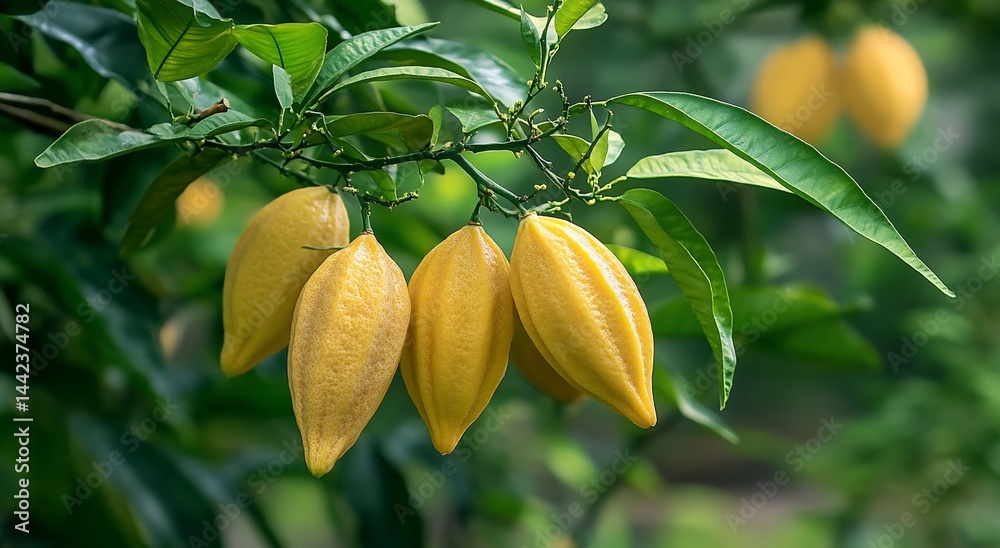 Close-up of ripe, yellow finger limes growing on a tree branch among green leaves.