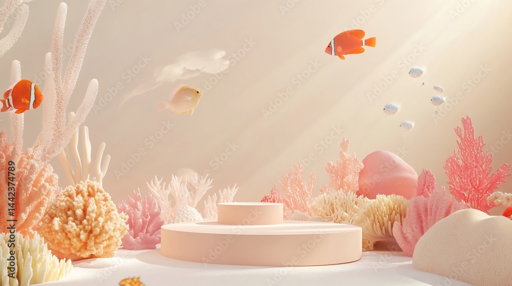 Pastel coral reef scene with two-tiered pedestal.
