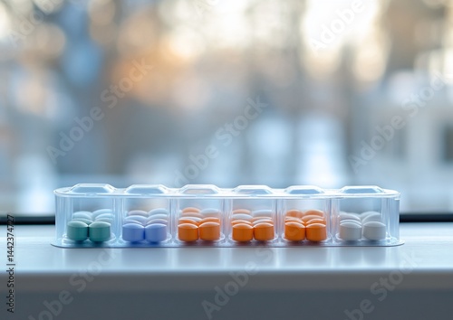 Weekly pill organizer with colorful pills sits on a windowsill.