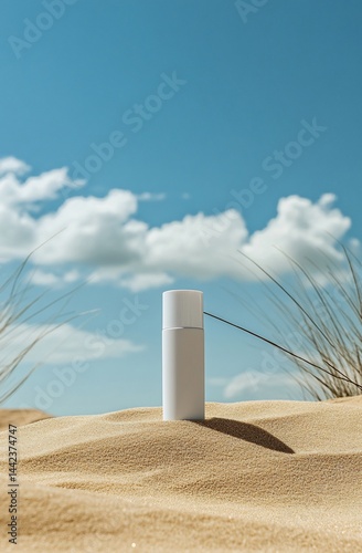 Obraz na płótnie White sunscreen bottle on sandy beach under blue sky with clouds. w salonie