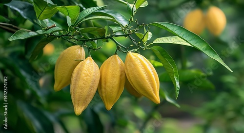 Obraz na płótnie Close-up of ripe, yellow finger limes growing on a tree branch among green leaves. w salonie