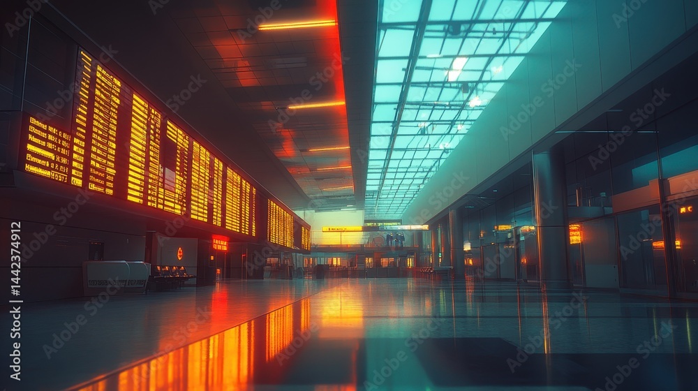 Modern Airport Terminal with Flight Information Display at Sunset