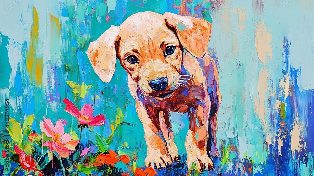 Vibrant painting of a cute tan puppy standing in a colorful flower garden.