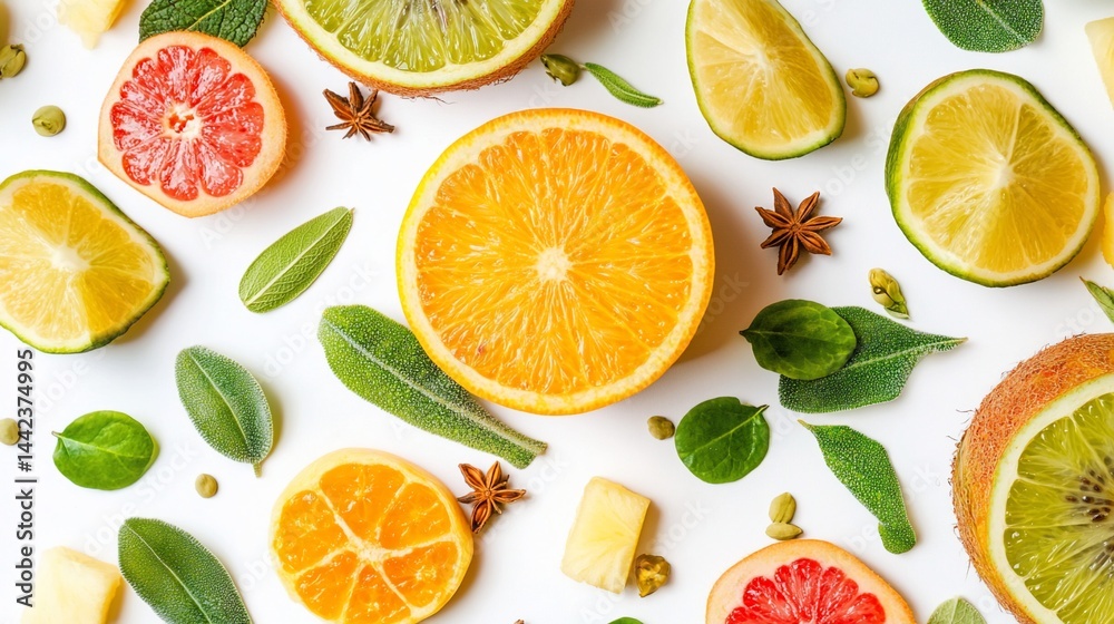 Colorful citrus fruit slices, leaves, and spices arranged on white background.