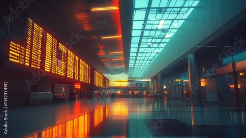 Obraz na płótnie Modern Airport Terminal with Flight Information Display at Sunset w salonie