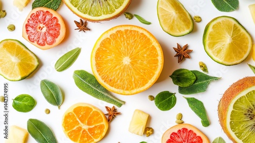 Obraz na płótnie Colorful citrus fruit slices, leaves, and spices arranged on white background. w salonie