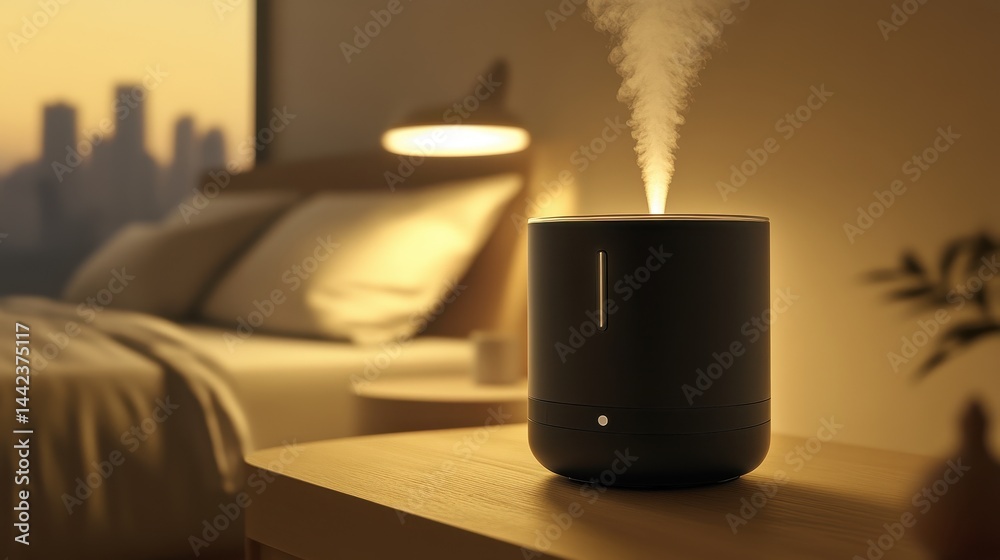 Modern Aroma Diffuser in Cozy Bedroom Setting with Soft Lighting