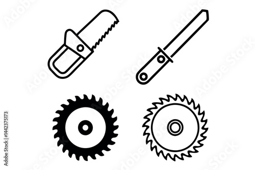 various saw blades and cutting tools for construction and industrial work, perfect for DIY and carpentry projects Labour Day or Labor Day line art icon set