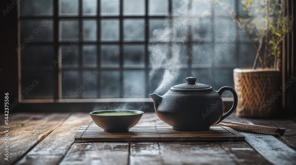 Serene Japanese Tea Ceremony with Steaming Teapot and Bowl