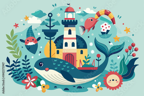 Whimsical illustration featuring a playful whale, majestic lighthouse, and vibrant sea life in a fantasy underwater setting. Perfect for childrens books, nursery art, or imaginative storytelling.