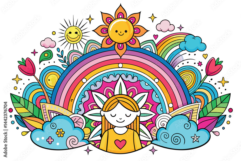 Obraz premium Vibrant hand-drawn doodle featuring a joyful sun, rainbow, clouds, and a serene girl. Symbolizes happiness, creativity, and nature. Perfect for expressing positivity and colorful imagination.