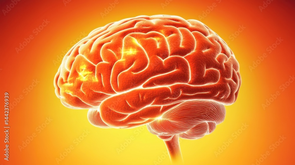 Vibrant and Detailed Human Brain Illustration on Fiery Background
