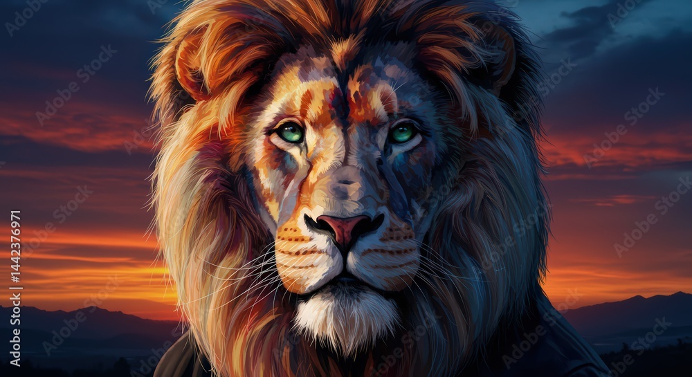 Naklejka premium Majestic Lion at Sunset: A Digital Painting of a Regal African Lion