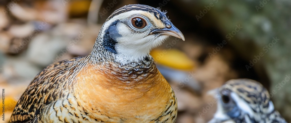 Close-up of a vibrant, colorful bird with intricate plumage, possibly a pheasant or quail, in a natural setting.