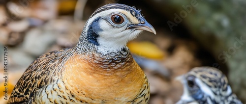 Obraz na płótnie Close-up of a vibrant, colorful bird with intricate plumage, possibly a pheasant or quail, in a natural setting. w salonie