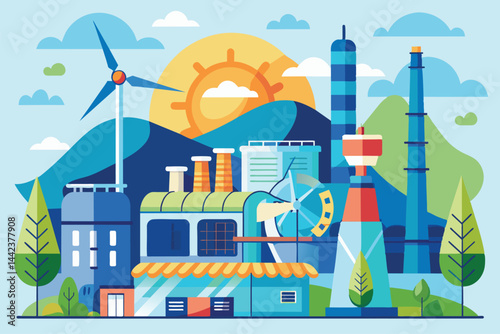 Vibrant illustration depicting a sustainable industrial landscape with wind turbines and factories in a mountainous setting, symbolizing renewable energy and eco-friendly industrial practices.