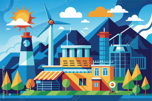 Vibrant graphic illustration depicting a modern city embracing sustainable energy, featuring wind turbines and solar panels with a scenic mountain backdrop.