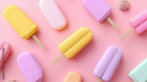 Ice pops offer colorful treat, vibrant summer snack displayed against pink background.