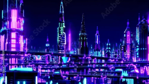 Experience a stunning urban landscape filled with vibrant neon lights illuminating towering structures against the night sky. The city buzzes with energy and innovation