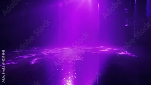Radiant purple beams pierce the dark surroundings, reflecting on the calm water below. The enchanting display creates a mystical and serene environment, inviting contemplation and wonder in the night
