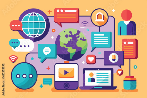 Illustration of global digital communication symbolized by a globe, social media icons, and digital devices, emphasizing connectivity, technology, and modern communication methods.