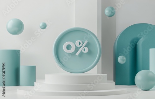 Obraz na płótnie 3D render of percentage symbol on platform with pastel green spheres and geometric shapes. w salonie