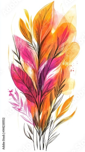 A vibrant illustration of colorful leaves in shades of pink, orange, and yellow.
