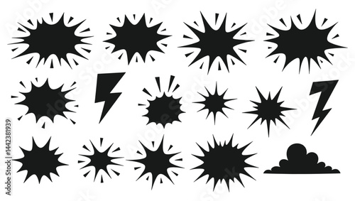 Comic burst explosion vector comic boom elements and speech bubbles in black silhouettes Ideal for comic designs pop art and retro style