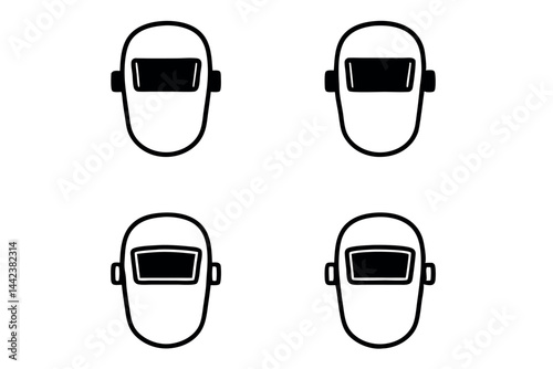 Collection of welding face shields in various styles, representing industrial work safety Labour day or labor day line art icon set